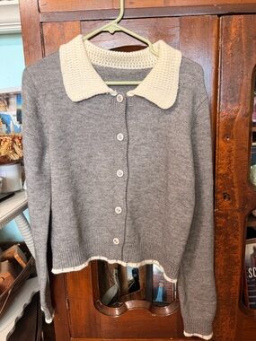 Cider Gray Button-Front Sweater with Cream Collar